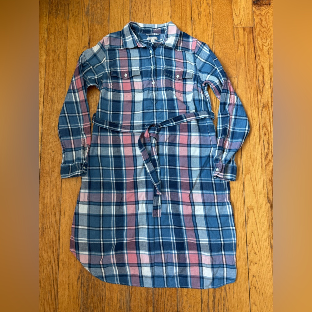Maternity Blue and Pink Plaid Shirt Dress